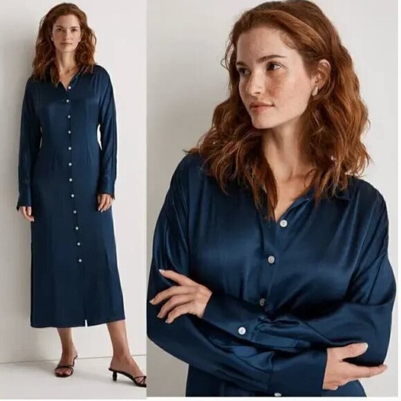 Madewell Button Front Utility Shirtdress in Satin Deep Indigo Blue NWT XXS - Picture 1 of 13